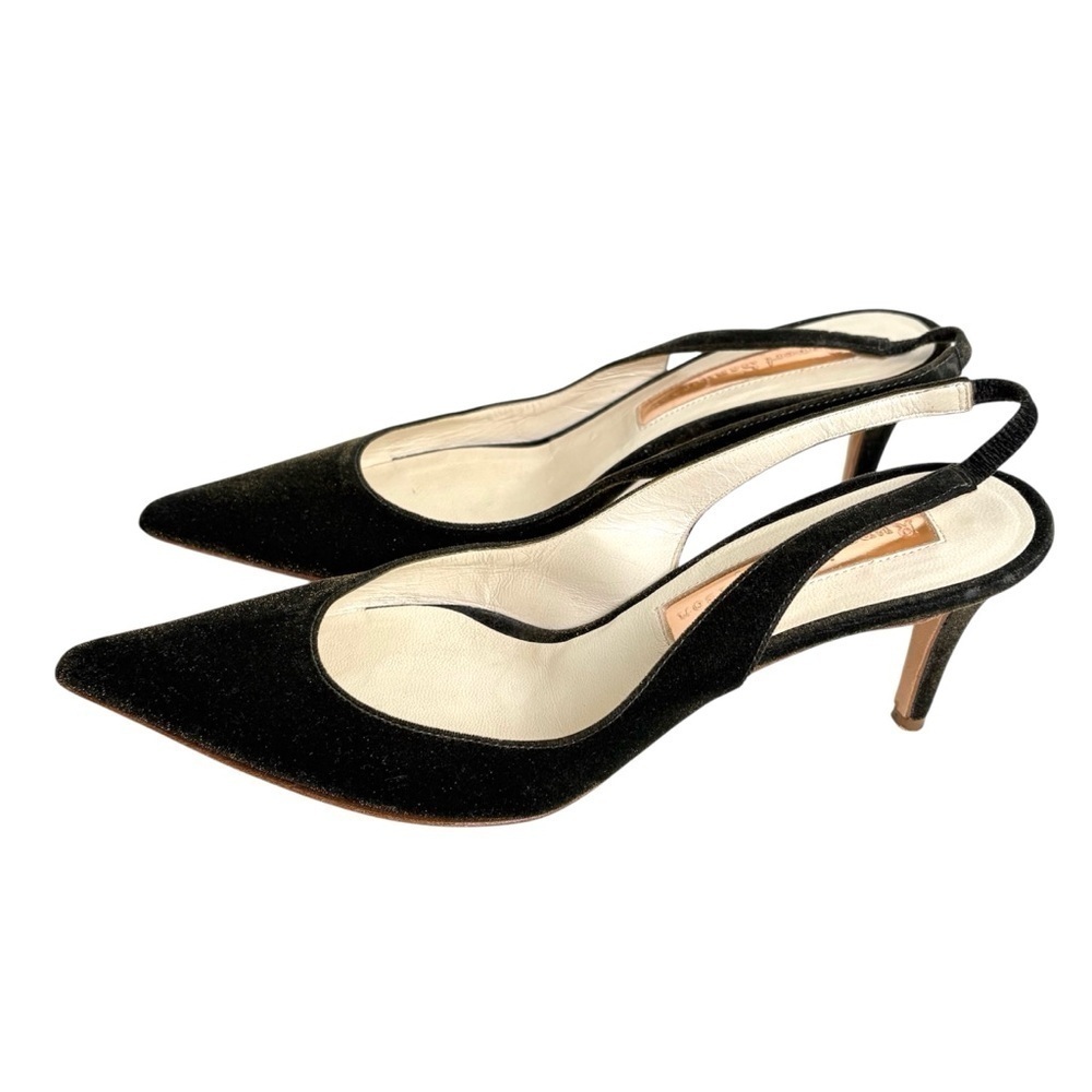 RUPERT SANDERSON Green Gold Velvet Pointed Toe Kitten Heel Slingback ITALY 5.5